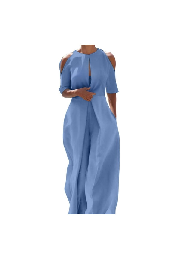 Women Cold Shoulder Jumpsuit with Pockets Elegant and Sexy Front Hole Rompers Cozy Solid Color Siamese Trousers Casual Loose High Waist Baggy Pants,Blue,3X-Large