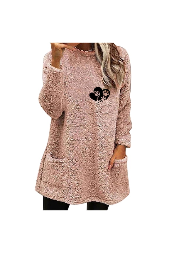 Women Comfy Long Sleeves Sweater Trendy Solid Crew Neck Loungewear Sweatshirts Juniors Casual Thermal Fuzzy Fleece Blouses Pullover Tops with Pockets,Pink,Medium