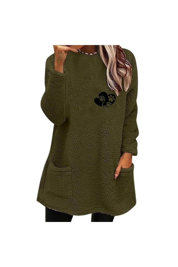 Women Comfy Long Sleeves Sweater Trendy Solid Crew Neck Loungewear Sweatshirts Juniors Casual Thermal Fuzzy Fleece Blouses Pullover Tops with Pockets,Army Green,Medium