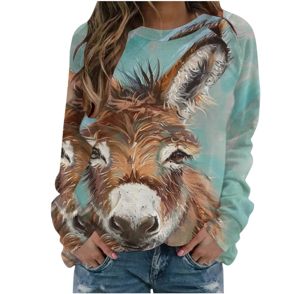 miqiqism Women Comfy Sweatshirt Donkey Print Crew Neck Sweatshirts Long Sleeve Cute Pullover Top Trendy Loose Fit Tunic Blouses Casual Clothes Top,Blue,X-Large