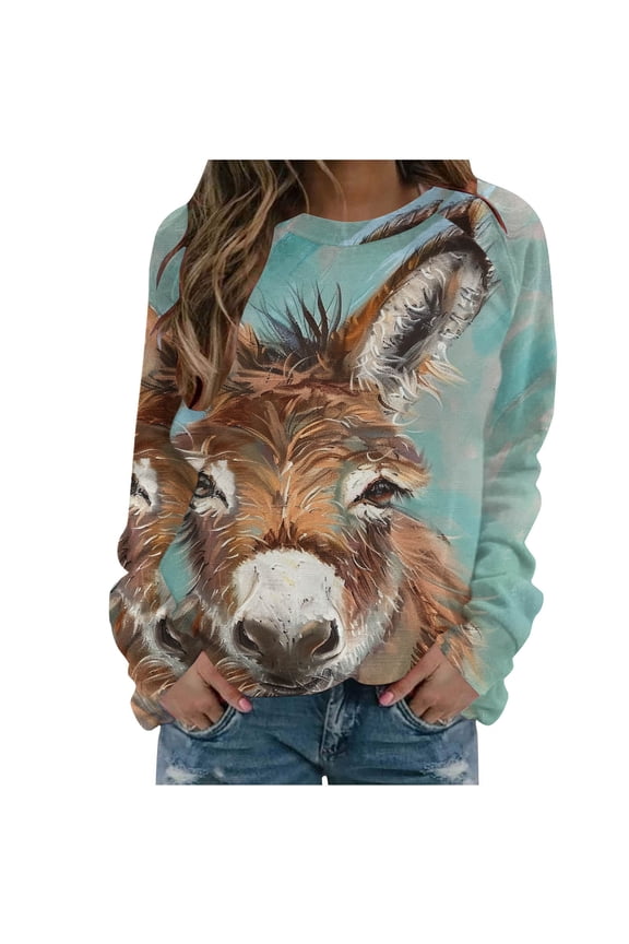 Women Comfy Sweatshirt Donkey Print Crew Neck Sweatshirts Long Sleeve Cute Pullover Top Trendy Loose Fit Tunic Blouses Casual Clothes Top,Blue,Large