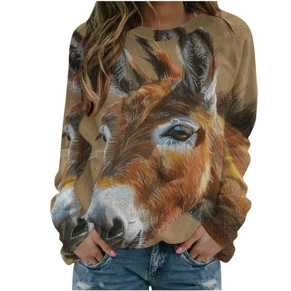 miqiqism Women Comfy Sweatshirt Donkey Print Crew Neck Sweatshirts Long Sleeve Cute Pullover Top Trendy Loose Fit Tunic Blouses Casual Clothes Top,K#01_Khaki,Small