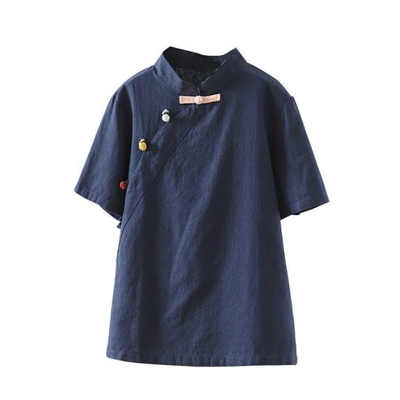 miqiqism Women Cotton Blend Tshirt Trendy Crew Neck Short Sleeve Basic Tunic Tee Shirts Juniors Side Slit Solid Color Tops Blouse Stand Necked Casual Tees,Navy,X-Large