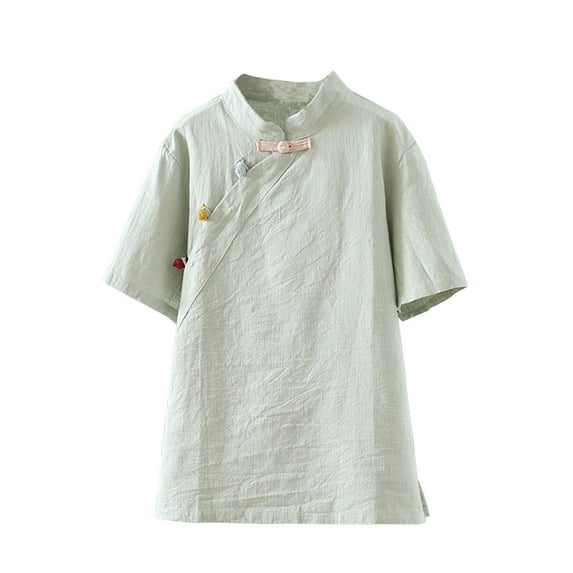 miqiqism Women Cotton Blend Tshirt Trendy Crew Neck Short Sleeve Basic Tunic Tee Shirts Juniors Side Slit Solid Color Tops Blouse Stand Necked Casual Tees,Green,Large