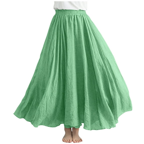 miqiqism Women Cotton Linen Dress Casual A-Lined Skirts Lightweight Skirt Fashion Flowy Outfit,01_Green,