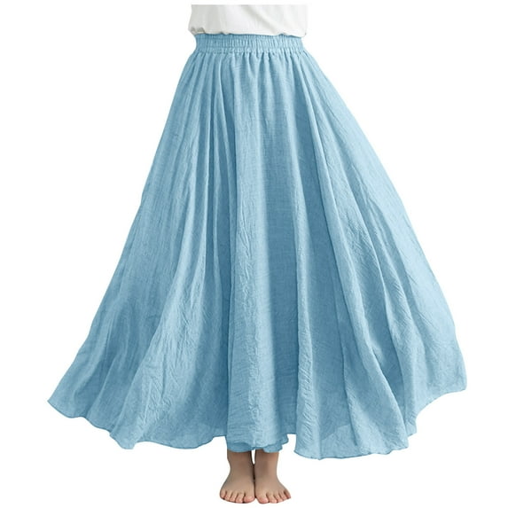 miqiqism Women Cotton Linen Dress Casual A-Lined Skirts Lightweight Skirt Fashion Flowy Outfit,01_Sky Blue,