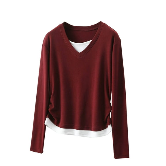 miqiqism Women Cotton Shirts Long Sleeve Pullover Tops Lady Loose Waisted Pleated Tshirts Fashion Vneck Jumper Tee Blouses Dressy Basic Undershirt 2025,02_Wine,Large