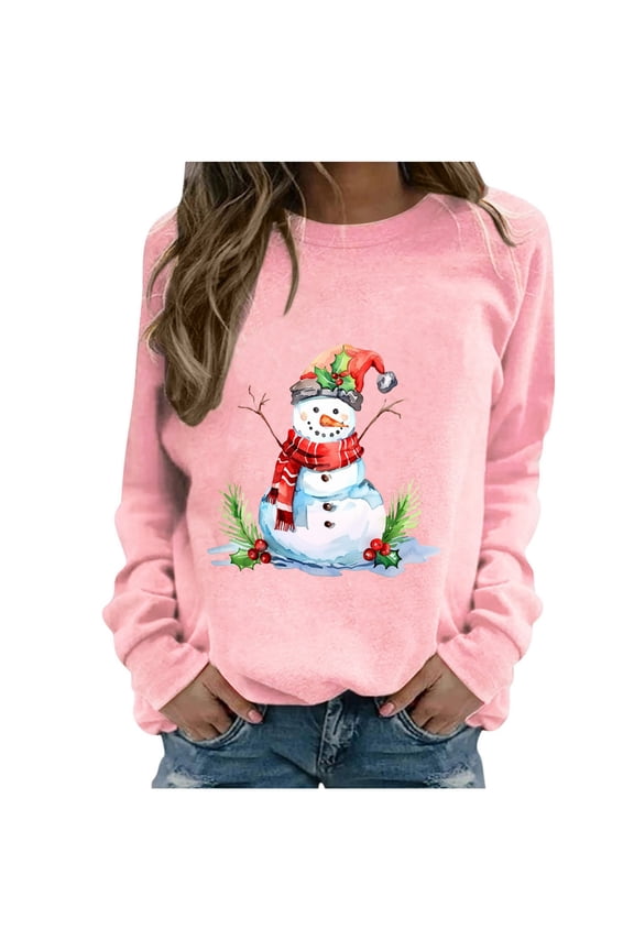Women Cute Printed Sweatshirt Casual Crewneck Long Sleeve Blouses Juniors Fashion Snowman Slim Fit Tunic Shirts Comfy Sweatshirts,Pink,X-Large