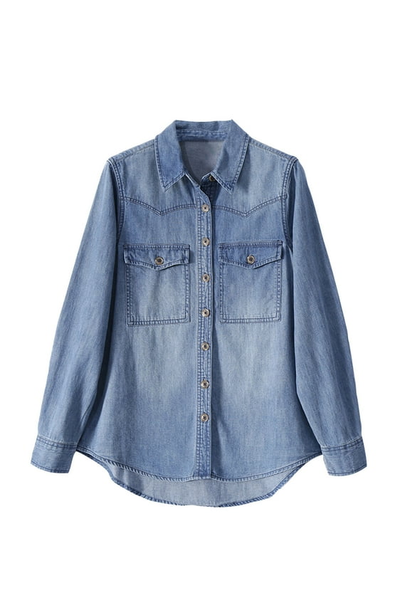 Women Denim Jacket Shirt Teen Girls Casual Fashion Jacket With Pocket Juniors Long Sleeve Basic Shacket Coat Distressed Washed Hem Trendy Jean Jackets,Blue,Medium