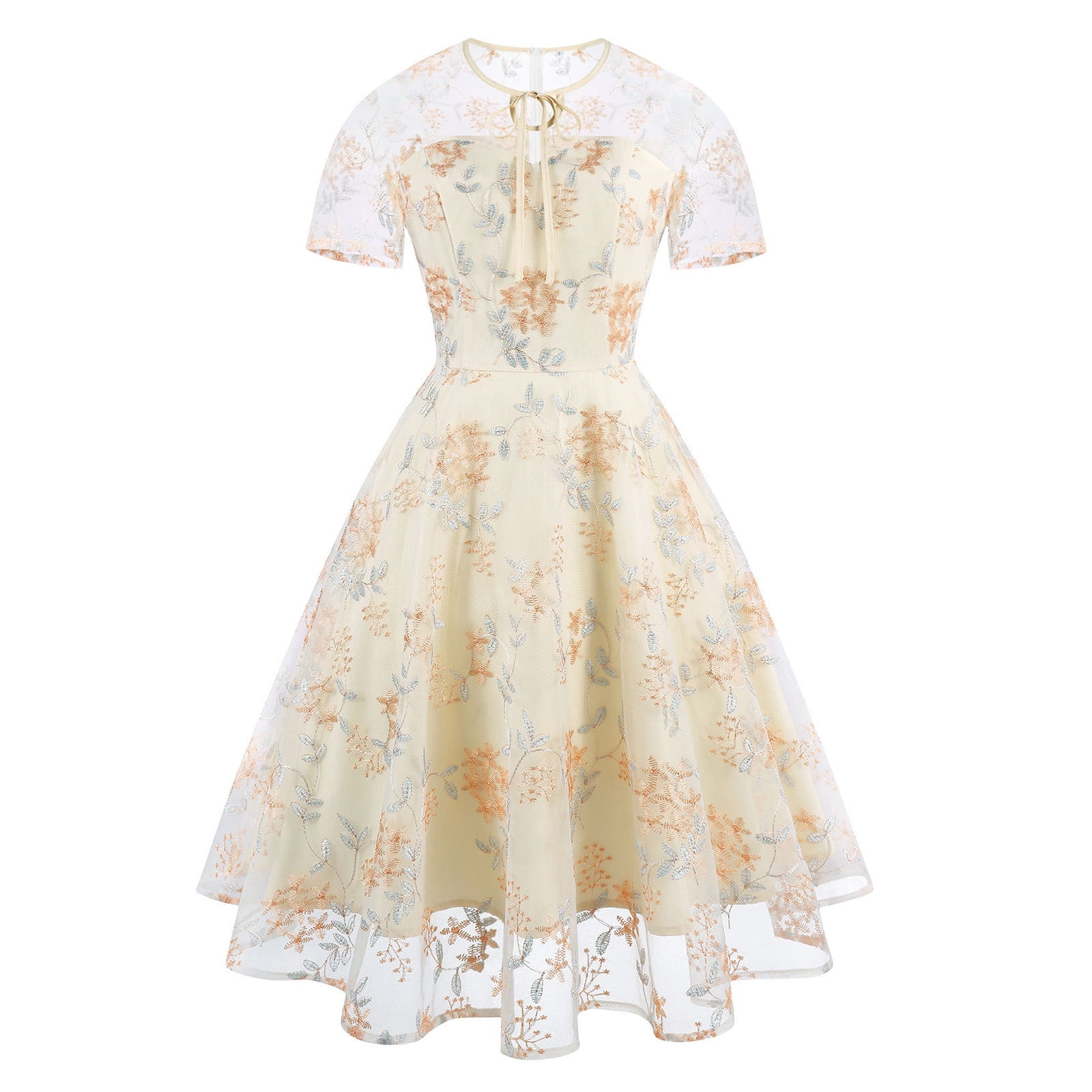 Miqiqism Women Dresses Mesh Floral Embroidery Vintage Cocktail Swing Dress Goth Flared Line Casual Wedding Prom Evening Dress Trendy Short Sleeves Dr