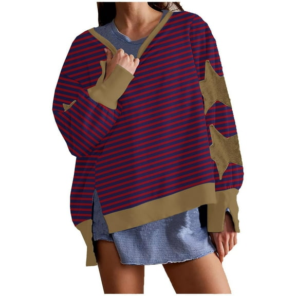 miqiqism Women Fake Two-piece Sweatshirts Trendy Round Neck Blouse Juniors Long Puff Sleeves Sweatshirt Star Printed Hoodless Shirt Side Split Drop Shoulder Clothes,Wine,Small