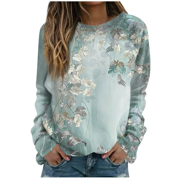 miqiqism Women Floral Printed Sweatshirt Juniors Slim Fit Pullover Hoodless Blouses Teen Girls Long Sleeves Crewneck Sweatshirts Loose Fit Tunic Blouses,Green,Small
