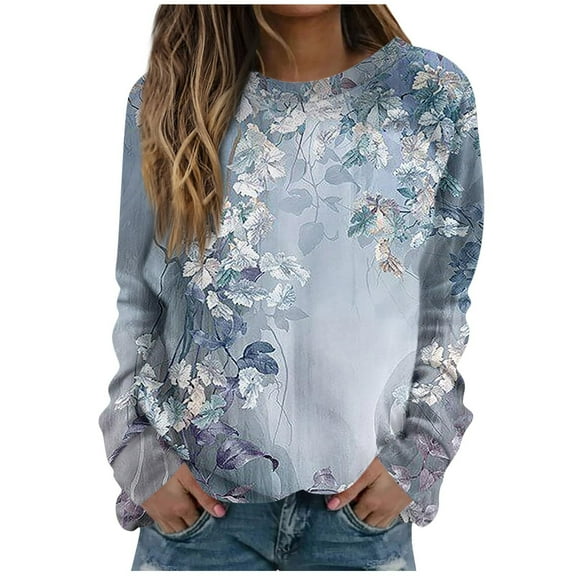 miqiqism Women Floral Printed Sweatshirt Juniors Slim Fit Pullover Hoodless Blouses Teen Girls Long Sleeves Crewneck Sweatshirts Loose Fit Tunic Blouses,Navy,Small
