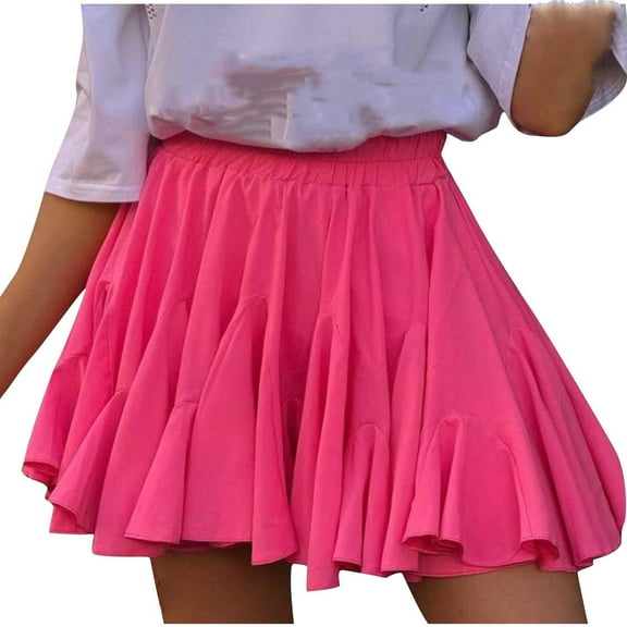 miqiqism Women Flowy Short Skirts High Waisted Fashion Versatile Stretchy Flared Dress Lady Casual Mini Skater Skirt with Pockets,01_Hot Pink,Medium