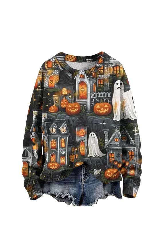 Women Halloween Shirts Trendy Crew Neck Pullover Tee Shirt for Lady Casual Pumpkin Slim Blouses Fashion Long Sleeves Tunic Tops 2024 Loose Lightweight Sweatshirt,Multicolor,Medium