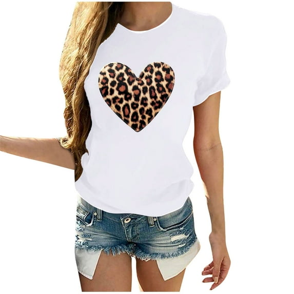 miqiqism Women Heart Shirts Loose Short Sleeve Tunic Tops Leopard Heart Tshirts Casual Round Neck Blouses Sexy Shirt Womens Summer Top Valentine's Day,#01_White,L