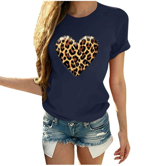 miqiqism Women Heart Shirts Loose Short Sleeve Tunic Tops Leopard Heart Tshirts Casual Round Neck Blouses Sexy Shirt Womens Summer Top Valentine's Day,#02_Navy,S