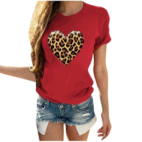 miqiqism Women Heart Shirts Loose Short Sleeve Tunic Tops Leopard Heart Tshirts Casual Round Neck Blouses Sexy Shirt Womens Summer Top Valentine's Day,#02_Red,M