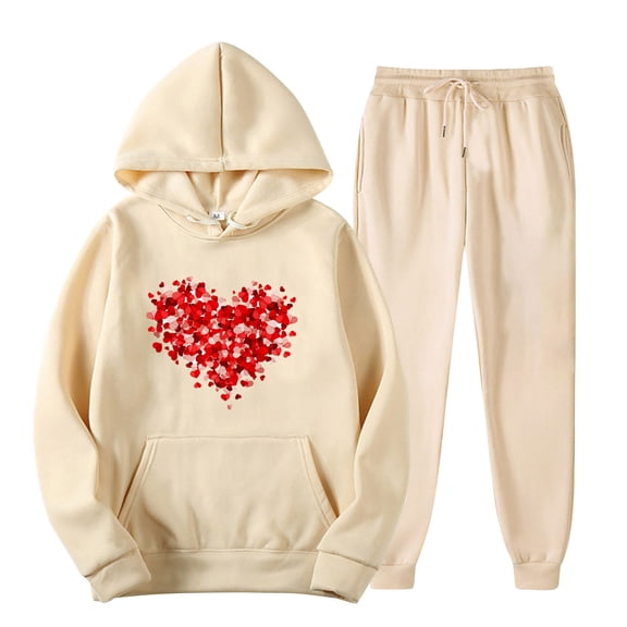 miqiqism Women Heart Sweatshirt Tops Long Sleeve Pullover Hooded High Waisted Elastic Pant Lady Fleece Lined Warm Blouses Sweatshirts Loungewear Outfits Valentine's Day,03_Beige,XX-Large