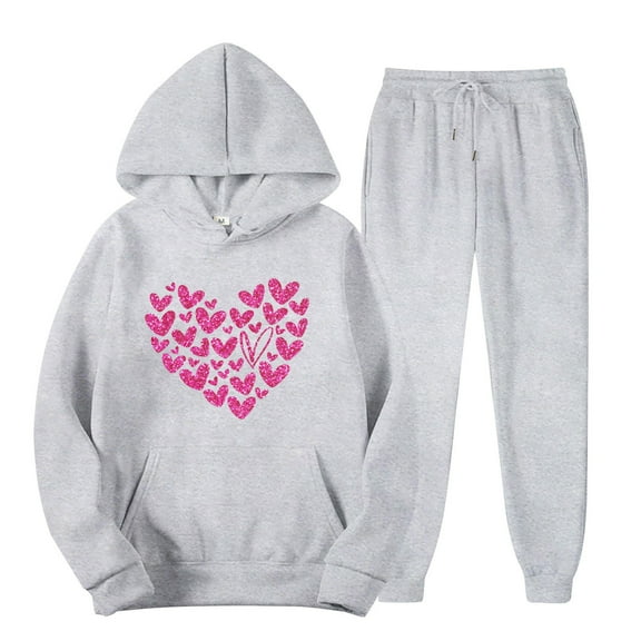 miqiqism Women Heart Sweatshirts Sets Long Sleeve Hooded Tops High Waisted Joggy Sweatpant Ladies Fleece Lined Lightweight Outfits Valentines Day Clothing,03_Gray,Small