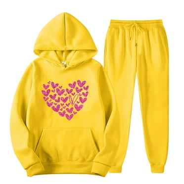 miqiqism Women Heart Sweatshirts Sets Long Sleeve Hooded Tops High Waisted Joggy Sweatpant Ladies Fleece Lined Lightweight Outfits Valentines Day Clothing,03_Yellow,Medium