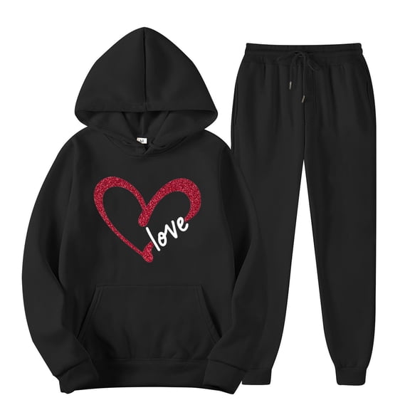 miqiqism Women Heart Sweatshirts Sets Long Sleeve Hooded Tops High Waisted Joggy Sweatpant Ladies Fleece Lined Lightweight Outfits Valentines Day Clothing,02_Black,Small