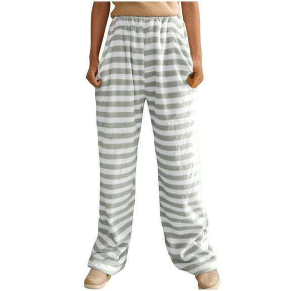 miqiqism Women High Waist Pants Trendy Striped Pajamas Soft Fluffy Fleece Warm Pjs Bottoms Thermal Puffy Trousers Sleepwear,X_Striped #01Green,Small