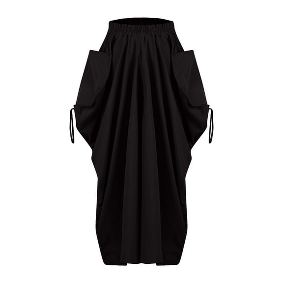 miqiqism Women High Waisted Dresses Casual Straight Skirts Pleated Lace Up Skirts Fashion Lightweight Dress with Pocket,01_Black,Small