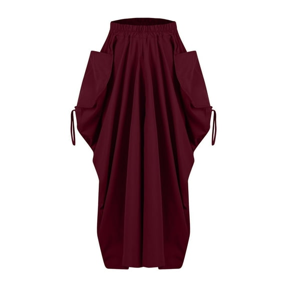 miqiqism Women High Waisted Dresses Casual Straight Skirts Pleated Lace Up Skirts Fashion Lightweight Dress with Pocket,01_Red,X-Large