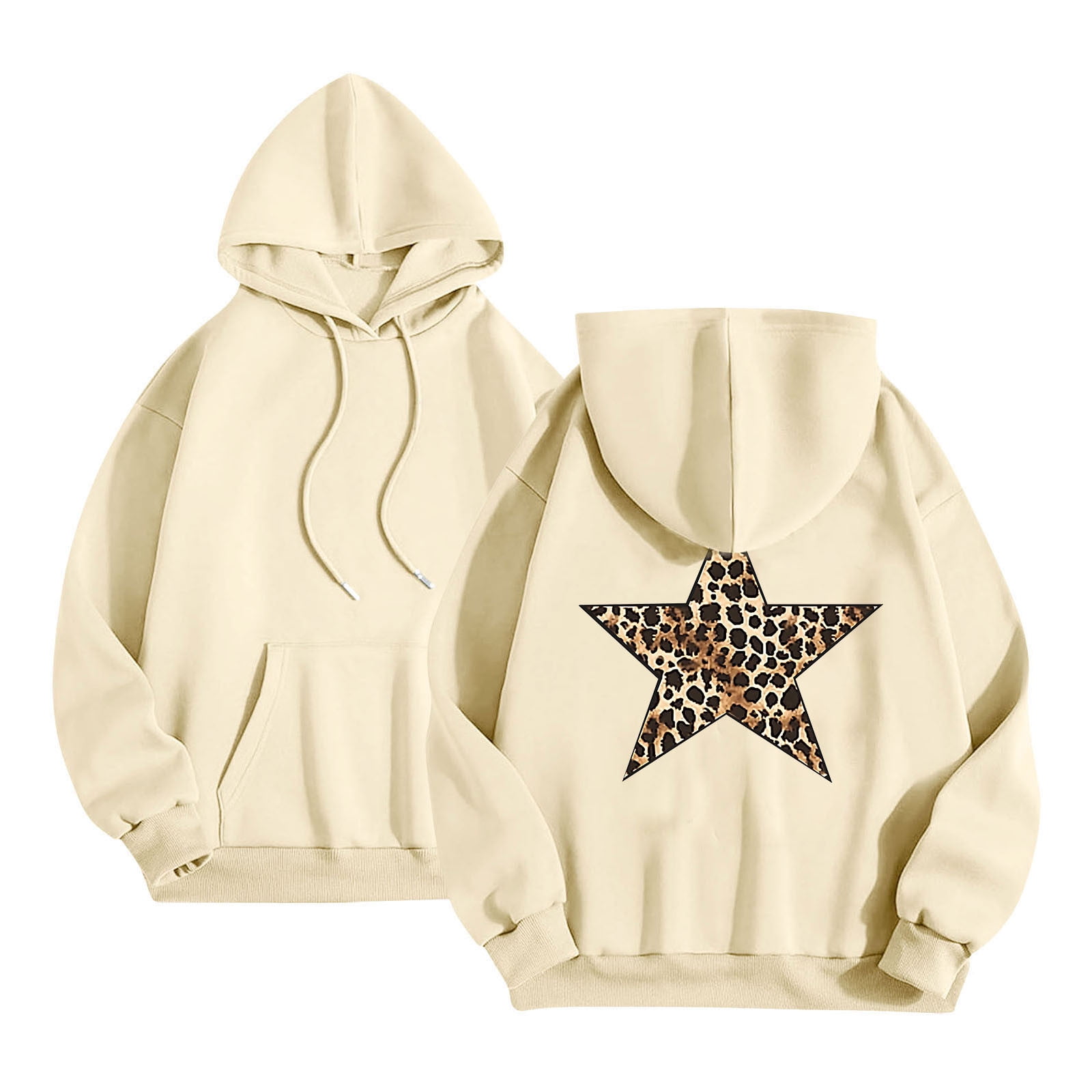 Women's Star Cheetah Print Hoodie - Oversized Fleece Sweatshirt With Embroidery, Y2K Streetwear