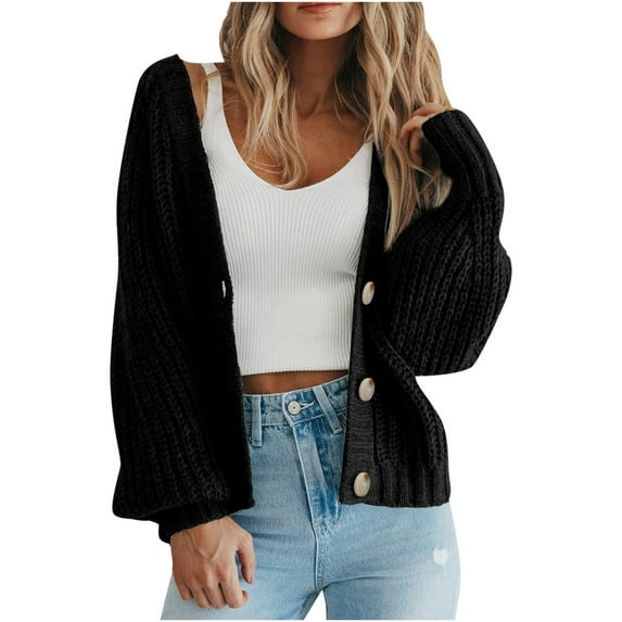 miqiqism Women Knit Cardigans Sweater Teen Girls Open Front Button Down Tops Long Sleeve Cropped Lady Jacket Juniors Outwear 2024 Trendy Fall Outfits,Black,Large