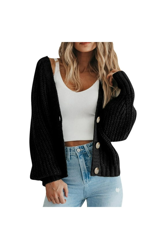 Women Knit Cardigans Sweater Teen Girls Open Front Button Down Tops Long Sleeve Cropped Lady Jacket Juniors Outwear 2024 Trendy Fall Outfits,Black,Small