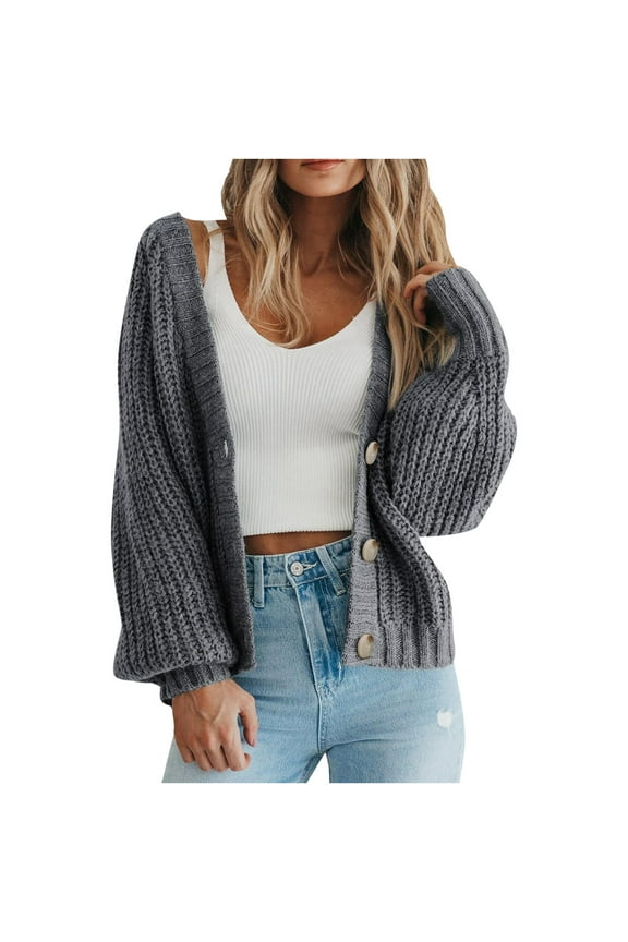 Women Knit Cardigans Sweater Teen Girls Open Front Button Down Tops Long Sleeve Cropped Lady Jacket Juniors Outwear 2024 Trendy Fall Outfits,Gray,Medium