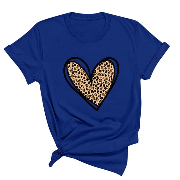 miqiqism Women Leopard Heart Shirts Short Sleeve Tshirts Casual Round Neck Pullover Tops Teen Girls Dressy Basic Blouses Loose Gong Out Outfit Y2K,01_Blue,Medium