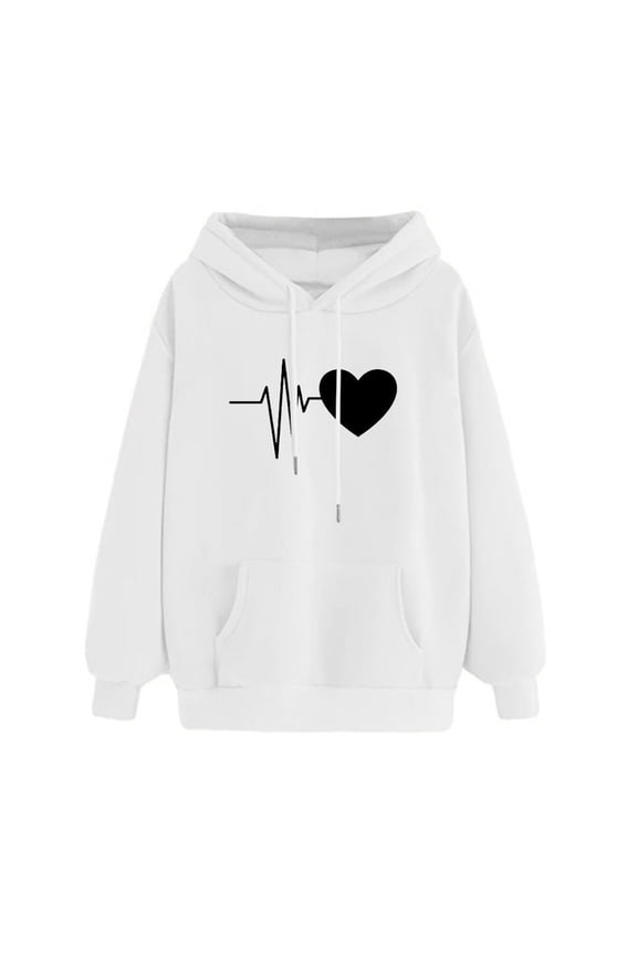Women Long Sleeve Puff Hooded Trendy Cute Graphic Sweatshirts Teenager Drawstring Crew Neck Blouses with Pockets,White,Medium