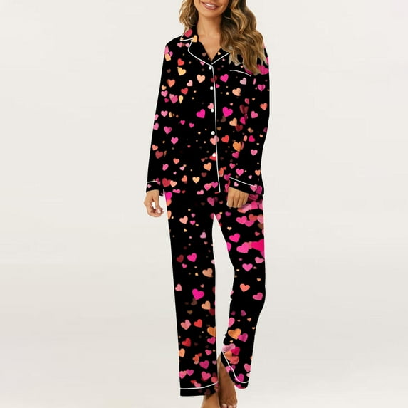 miqiqism Women Loungewear Comfortable Valentines Basic Pjs Sets Lapel Neck Loose Tops High Waisted Pant Bottom Heart Graphic Tshirts Nightwear,04_Multicolor,Large