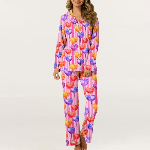 miqiqism Women Loungewear Comfortable Valentines Basic Pjs Sets Lapel Neck Loose Tops High Waisted Pant Bottom Heart Graphic Tshirts Nightwear,10_Multicolor,3X-Large