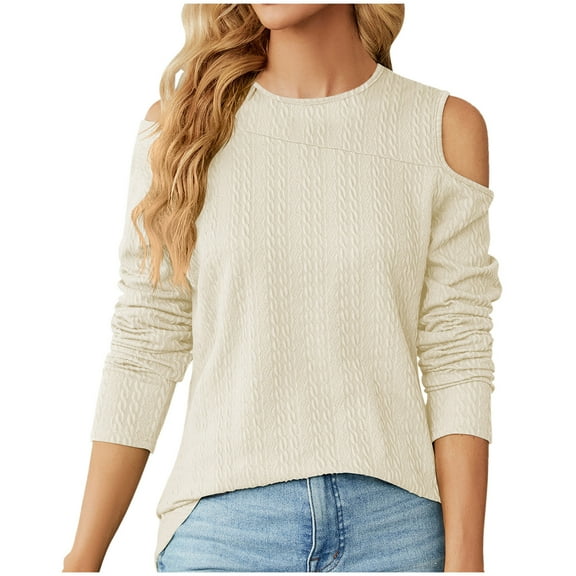 miqiqism Women Off-the-shoulder Shirts Long Sleeve Ribbed Pullover Tops Casual Round Neck Tunic Blouses for Lady, Loose Lightweight Outfits,01_Beige,Medium