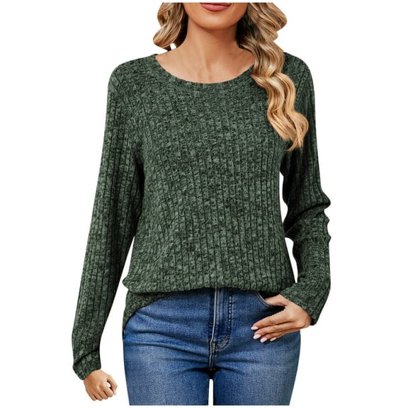 miqiqism Women Off-the-shoulder Shirts Long Sleeve Ribbed Pullover Tops Casual Round Neck Tunic Blouses for Lady, Loose Lightweight Outfits,02_Army Green,Small