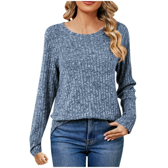 miqiqism Women Off-the-shoulder Shirts Long Sleeve Ribbed Pullover Tops Casual Round Neck Tunic Blouses for Lady, Loose Lightweight Outfits,02_Blue,Large