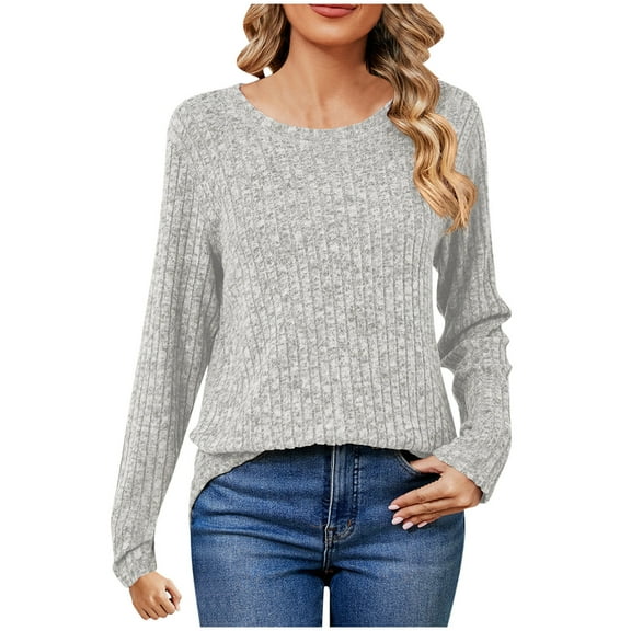 miqiqism Women Off-the-shoulder Shirts Long Sleeve Ribbed Pullover Tops Casual Round Neck Tunic Blouses for Lady, Loose Lightweight Outfits,02_Gray,XX-Large