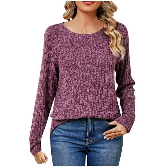 miqiqism Women Off-the-shoulder Shirts Long Sleeve Ribbed Pullover Tops Casual Round Neck Tunic Blouses for Lady, Loose Lightweight Outfits,02_Purple,X-Large