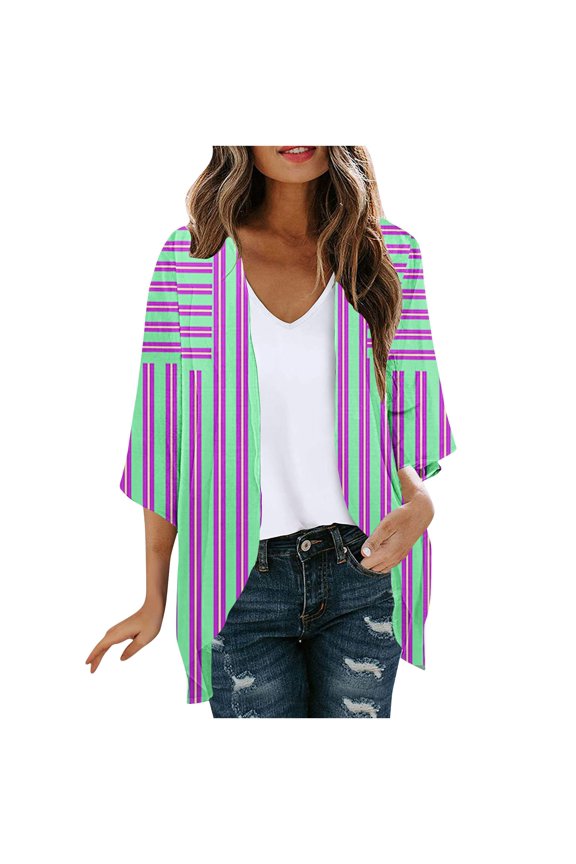 Women Open Front Striped Kimono Fashion Long Ruffle Sleeves Cardigans Juniors Comfy Lightweight Soft Loose Coat Fashion Beach Cover Ups Coat Tops,Green,Small