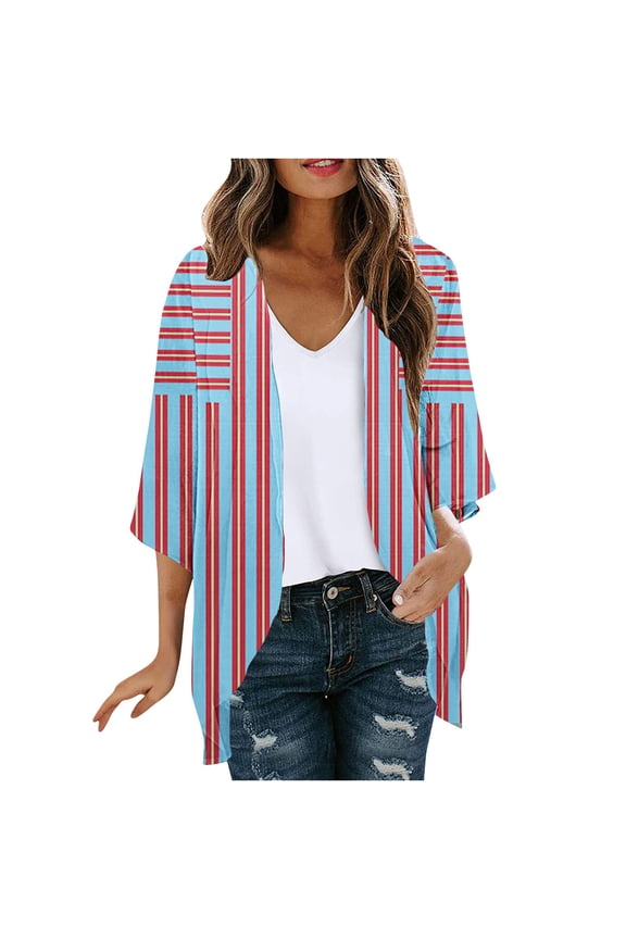 Women Open Front Striped Kimono Fashion Long Ruffle Sleeves Cardigans Juniors Comfy Lightweight Soft Loose Coat Fashion Beach Cover Ups Coat Tops,Blue,XX-Large