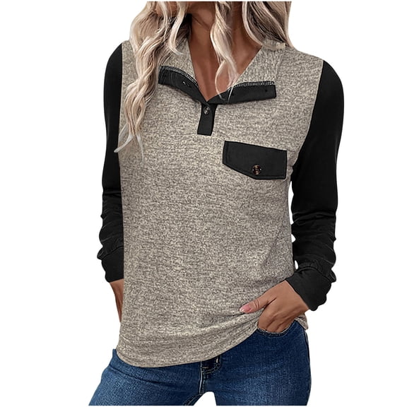 miqiqism Women Patchwork Pullover Polo Tops Fashion Button Down Tshirts Casual Colorblock Tee Lady Casual Collared Top Blouses Basic 2025 Long Sleeve Shirt,01_Khaki,Small