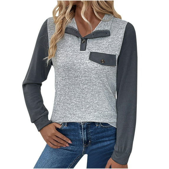 miqiqism Women Patchwork Pullover Polo Tops Fashion Button Down Tshirts Casual Colorblock Tee Lady Casual Collared Top Blouses Basic 2025 Long Sleeve Shirt,01_Gray,Large