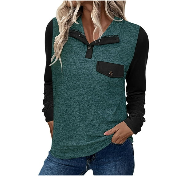 miqiqism Women Patchwork Pullover Polo Tops Fashion Button Down Tshirts Casual Colorblock Tee Lady Casual Collared Top Blouses Basic 2025 Long Sleeve Shirt,01_Mint Green,Large