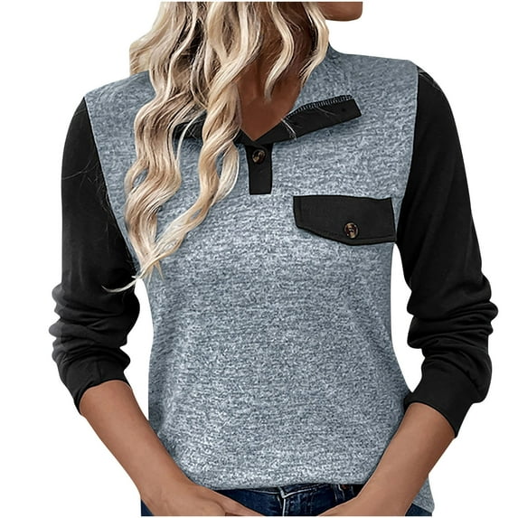 miqiqism Women Patchwork Pullover Polo Tops Fashion Button Down Tshirts Casual Colorblock Tee Lady Casual Collared Top Blouses Basic 2025 Long Sleeve Shirt,01_Light Blue,Small