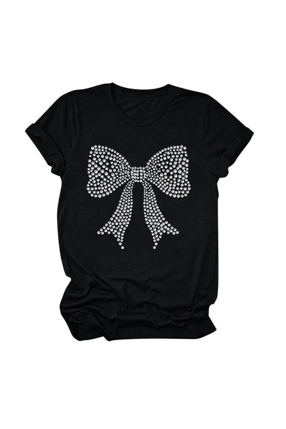 Women Plus Size Shirt Tops Casual Short Length Sleeve Tunic Blouses Loose Round Neck Tshirts Juniors Girl Bow Outfit Clothing Valentines Day,#01_Black,L