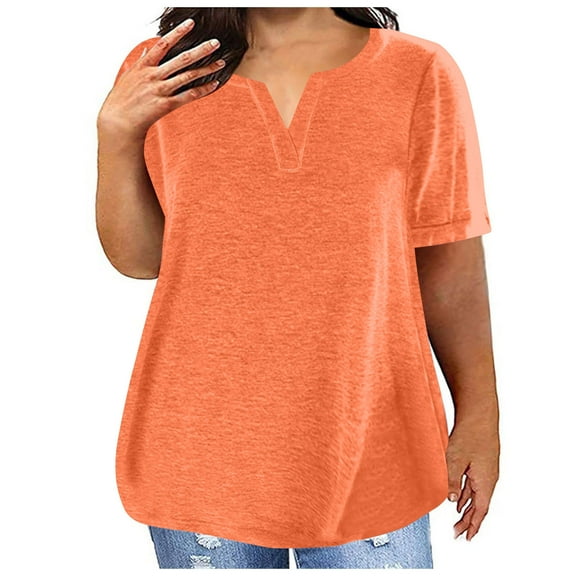 miqiqism Women Plus Size Shirts Henley Neck Pullover Tops Short Sleeve Tshirt Loose Oversize Tees Blouses Lady Going Out Outfits Womens Fashion Clothing,01_Orange,4X-Large